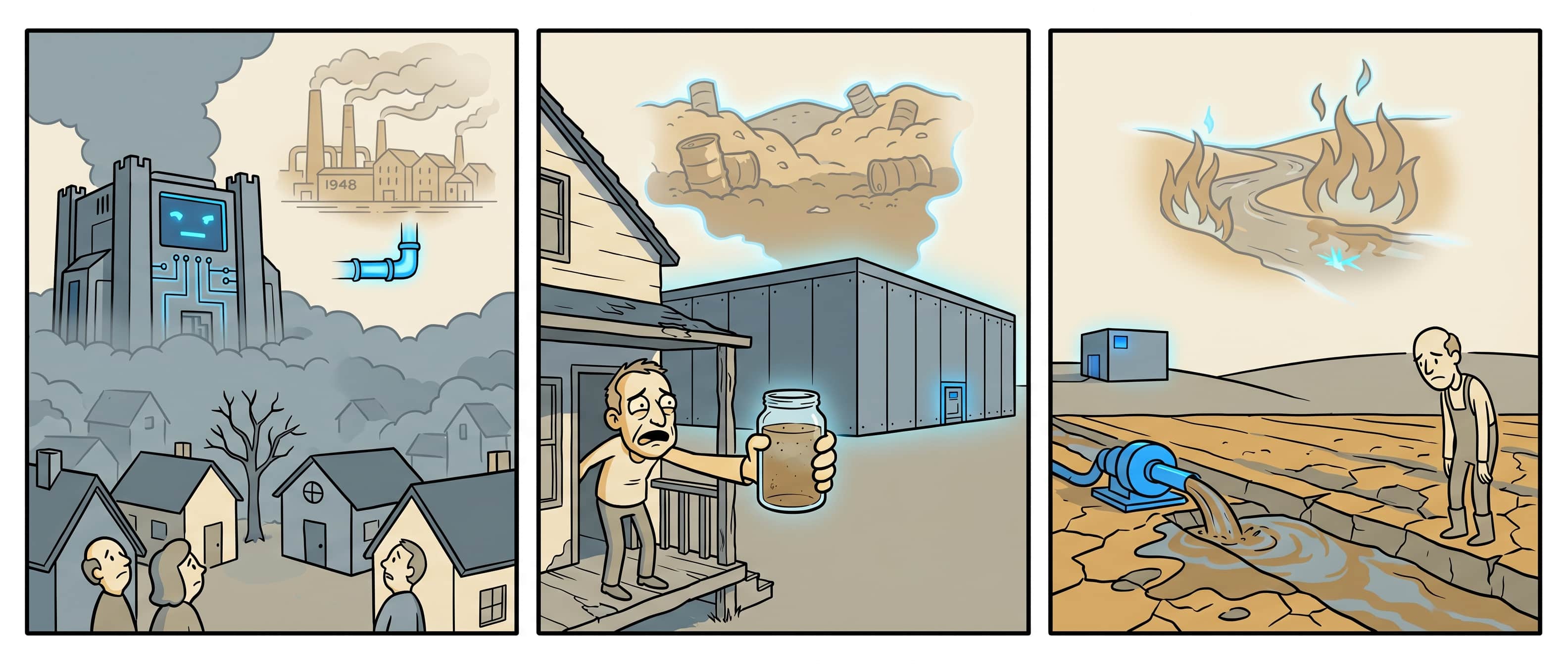 Three panels: a Memphis neighborhood beneath a gas-turbine fortress with a sepia 1948 smokestack town hovering in the sky; a Georgia resident on a porch holding up a jar of brown water with a sepia buried-waste neighborhood overhead; cracked Oregon farmland with pumped discolored water and a sepia ghost of a river on fire above
