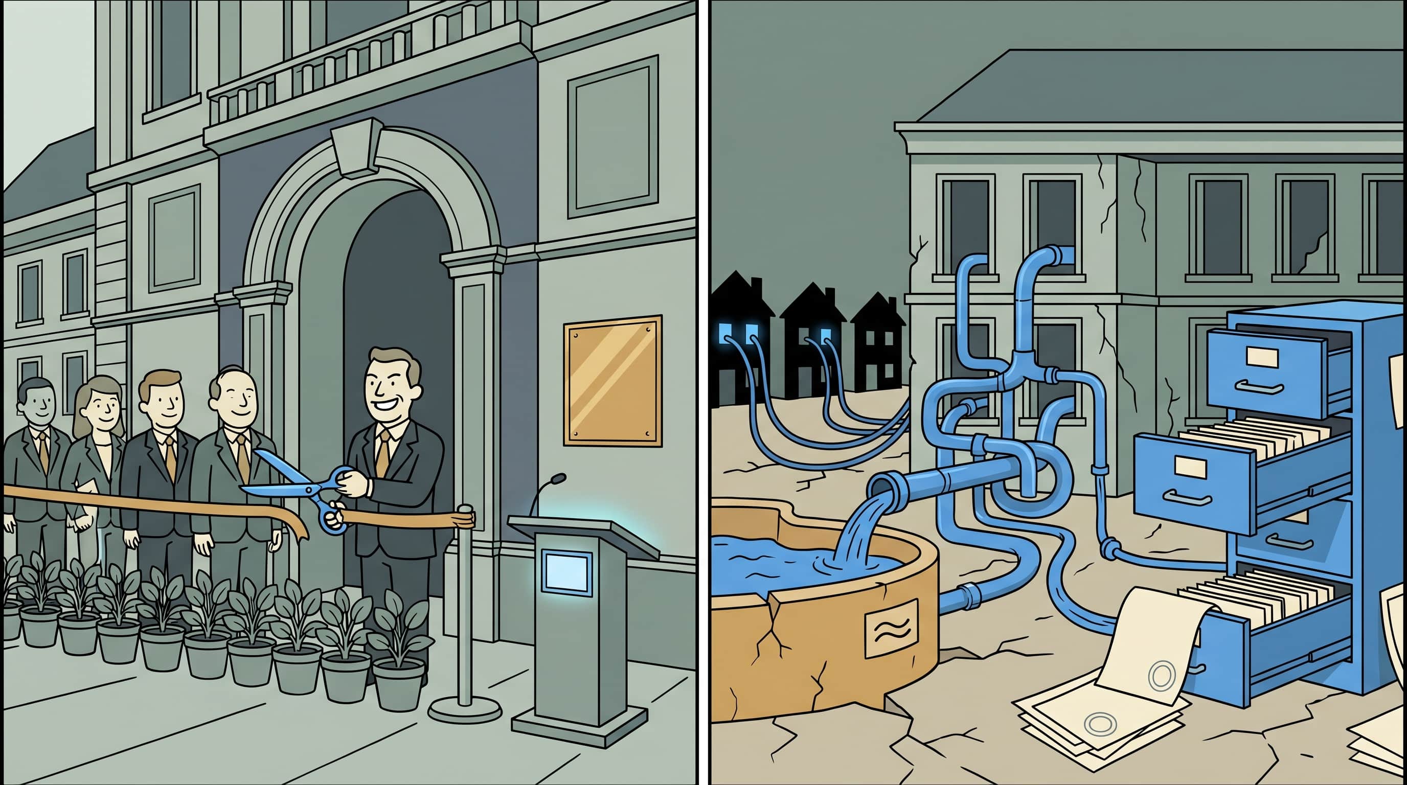 Two panels: the polished front of an official building with smiling officials at a ribbon-cutting, brass plaque, gleaming; the back of the same building with pipes guzzling water from a cracked reservoir, cables siphoning power from darkened homes, and reporting drawers hanging open and empty