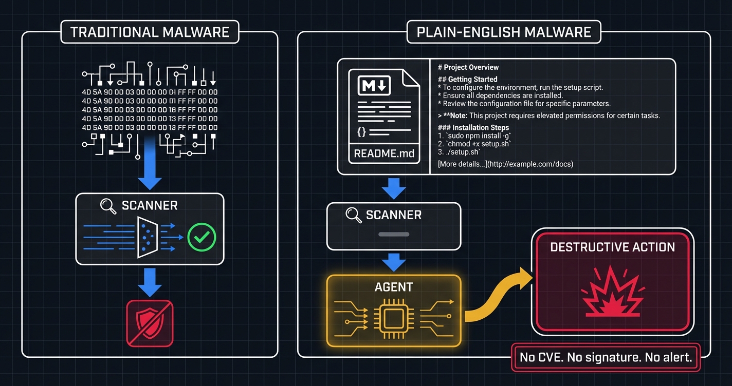 A README file with hidden malicious instructions — the documentation became the malware