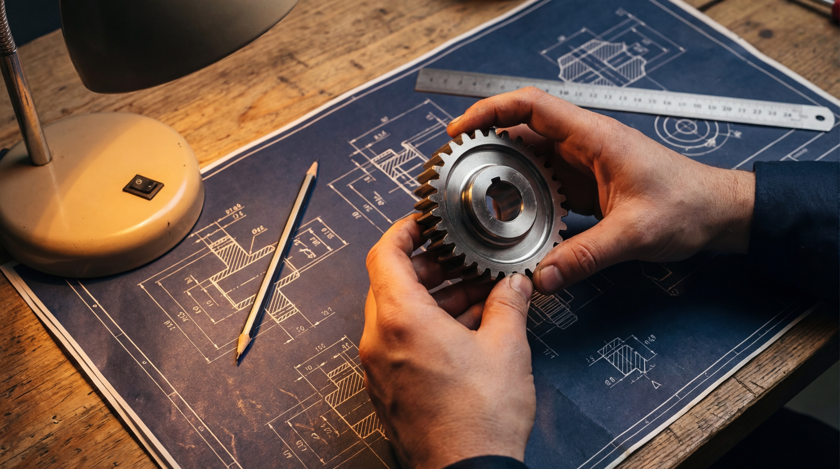 Hands holding a precisely machined component over a detailed engineering blueprint — the image of deliberate, exacting intent