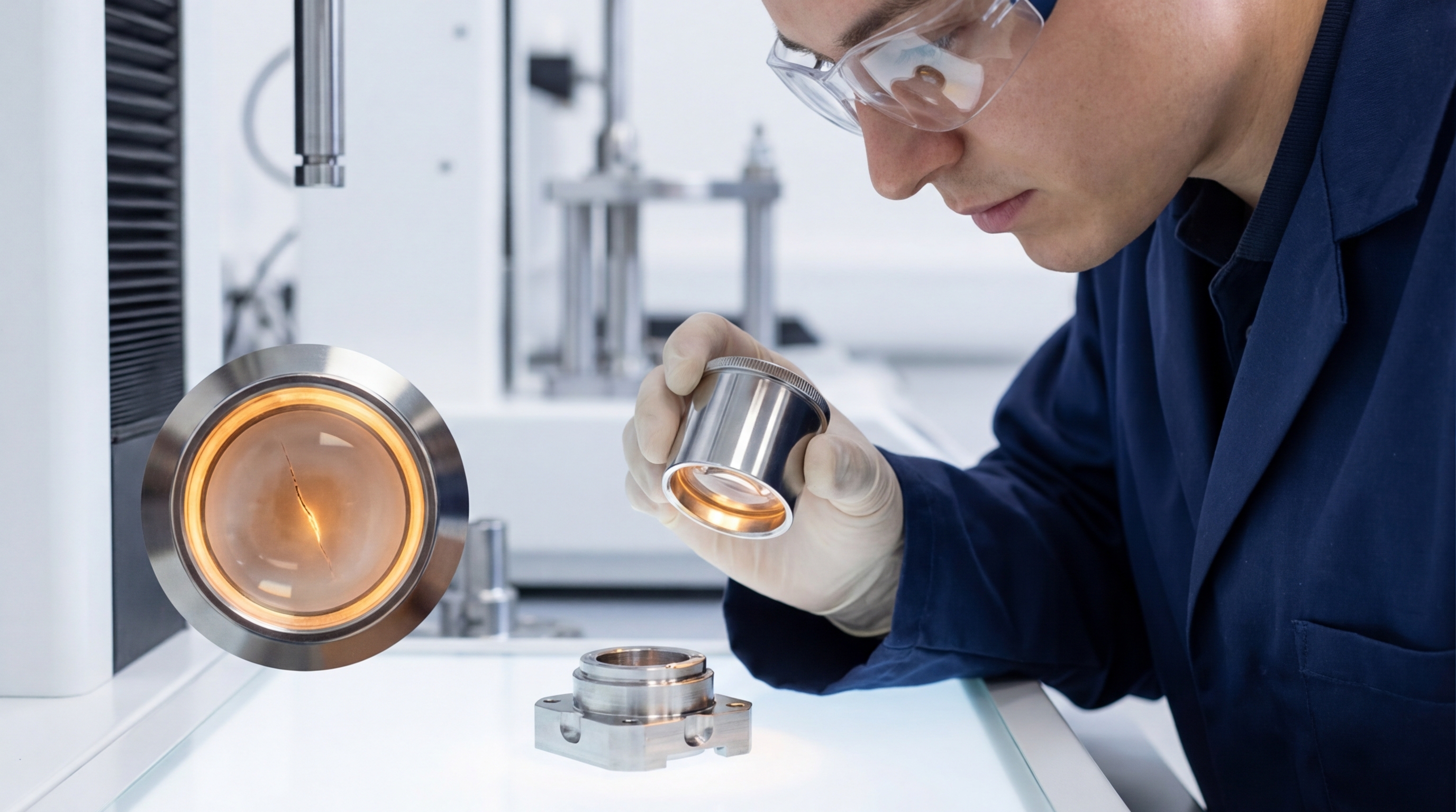 A quality control inspector examining a component under a loupe — nearly invisible flaws only visible to a trained eye