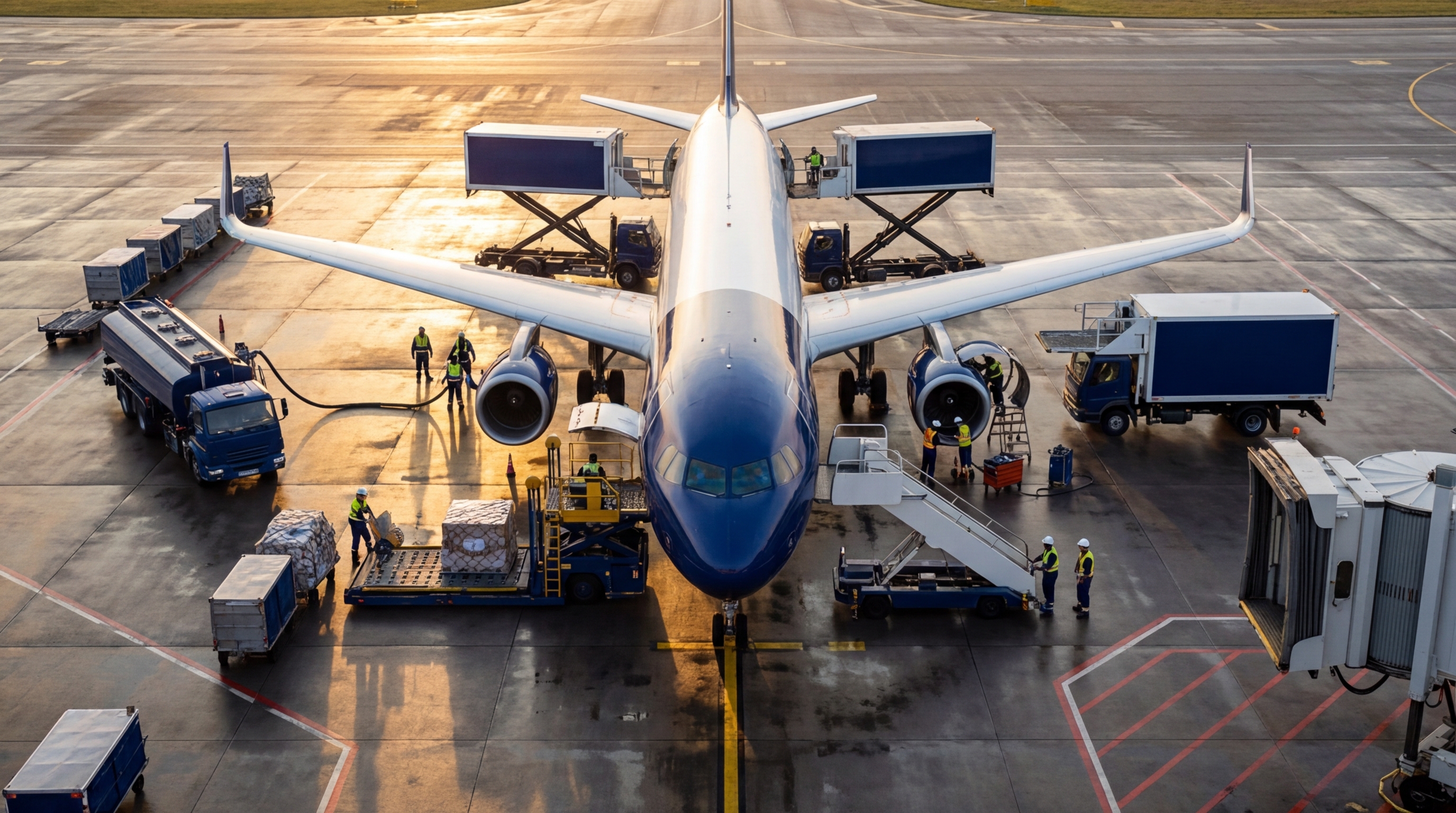 Aerial view of a logistics hub at dawn — multiple teams coordinating independently around a single aircraft