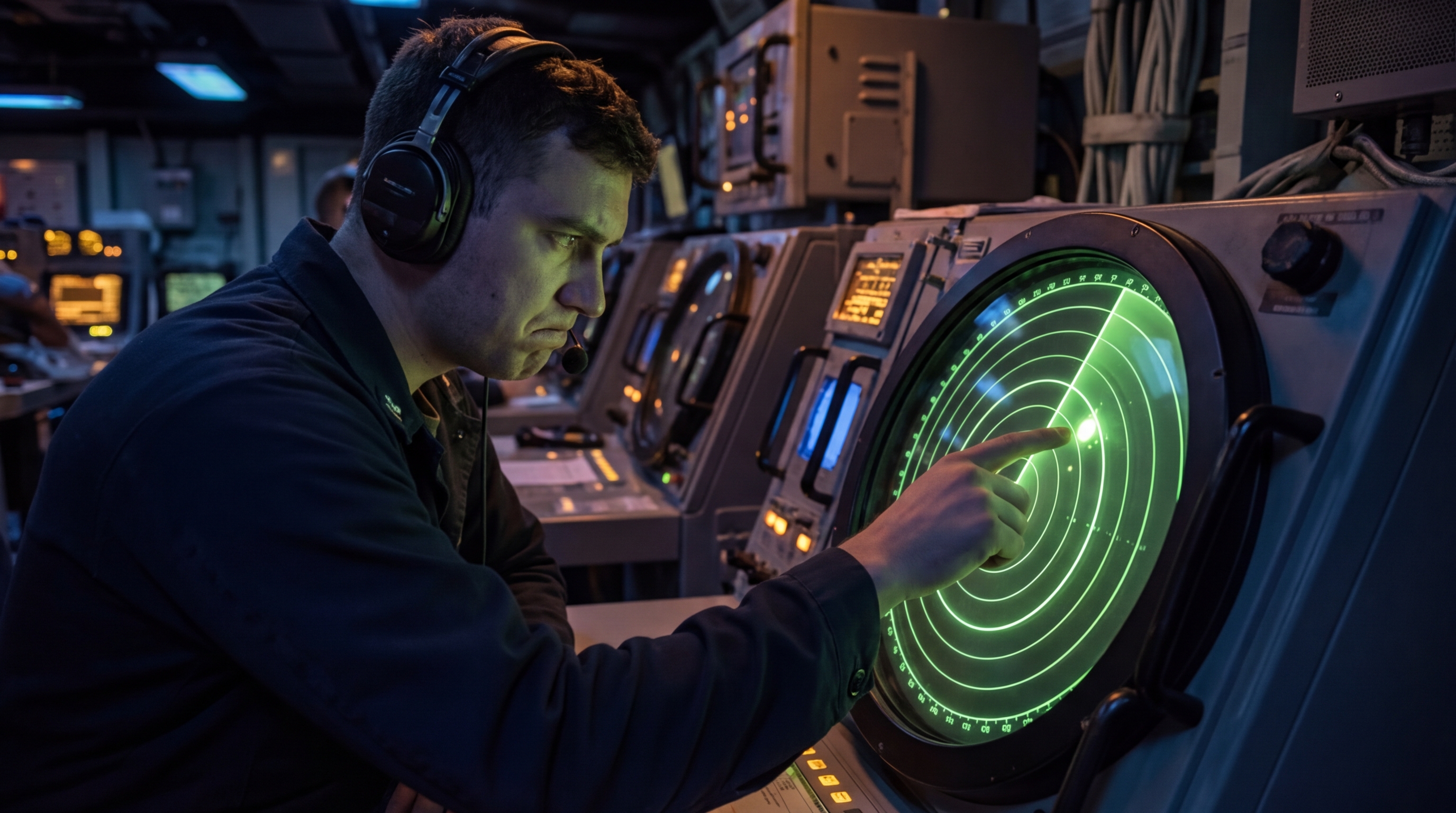 A radar operator at night, face lit by the green glow of a screen showing one anomalous signal among clean patterns