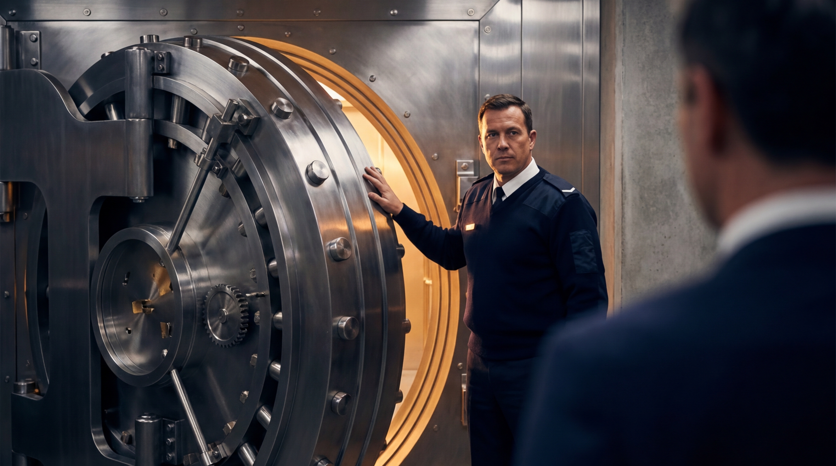 A bank vault door slightly ajar, a security officer controlling access deliberately — the boundary between open and protected