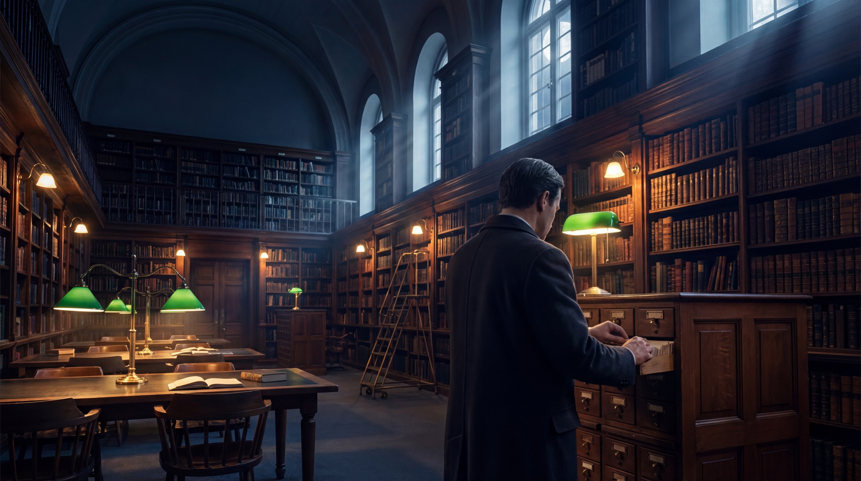 A grand historic library — an archivist at a perfectly ordered card catalog, floor-to-ceiling shelves, amber light