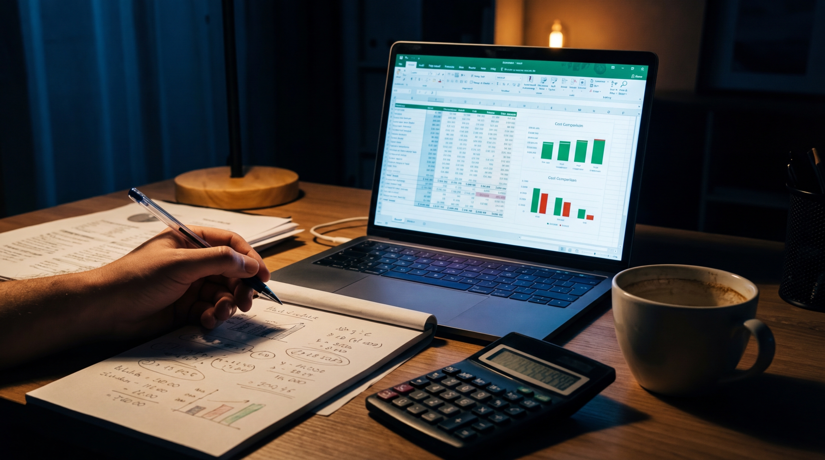 A financial analyst's desk at night — spreadsheet, calculator, handwritten calculations, the focused glow of a laptop screen