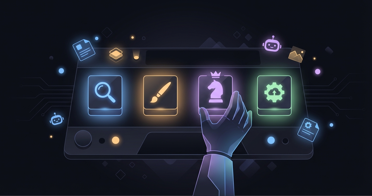 A craftsperson's workbench with AI tools — each glowing a different color, one being selected with purpose