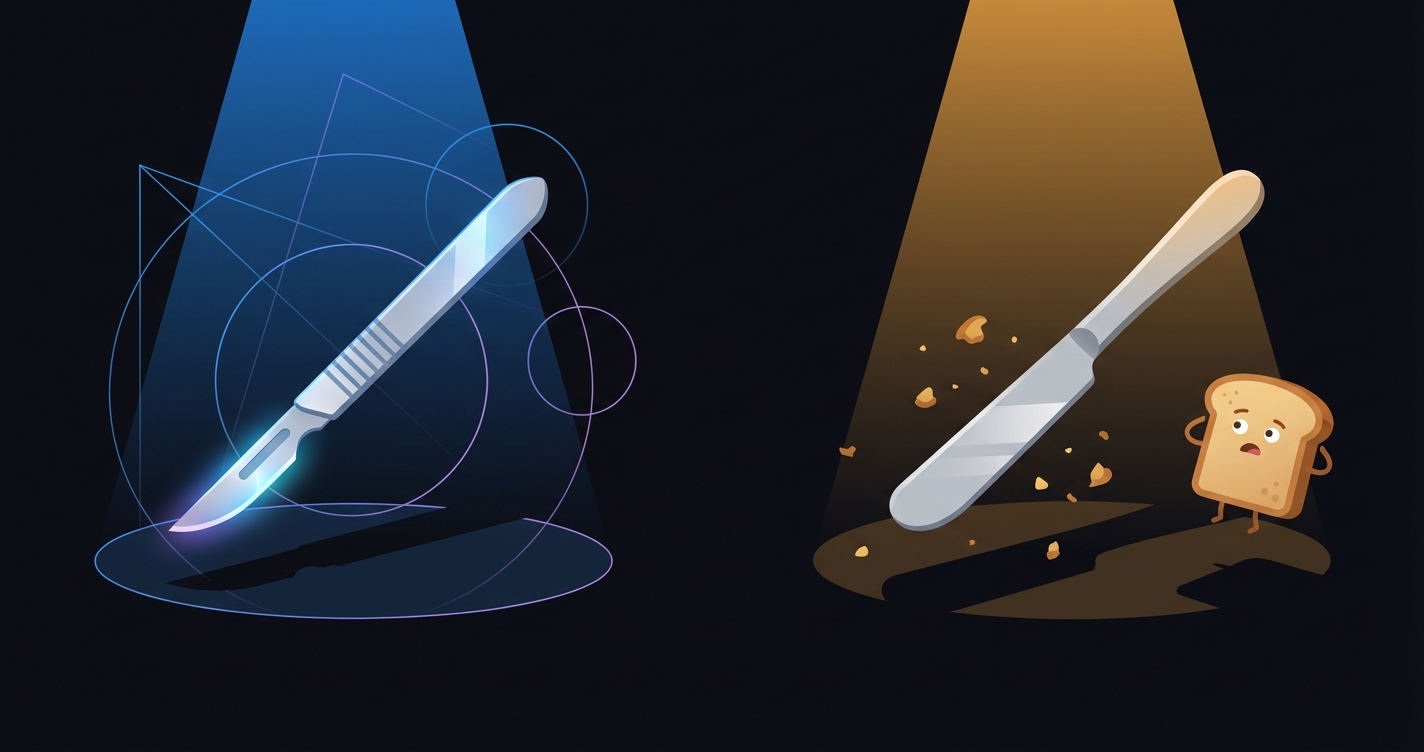 A scalpel and a butter knife side by side — both sharp-ish, obviously not interchangeable