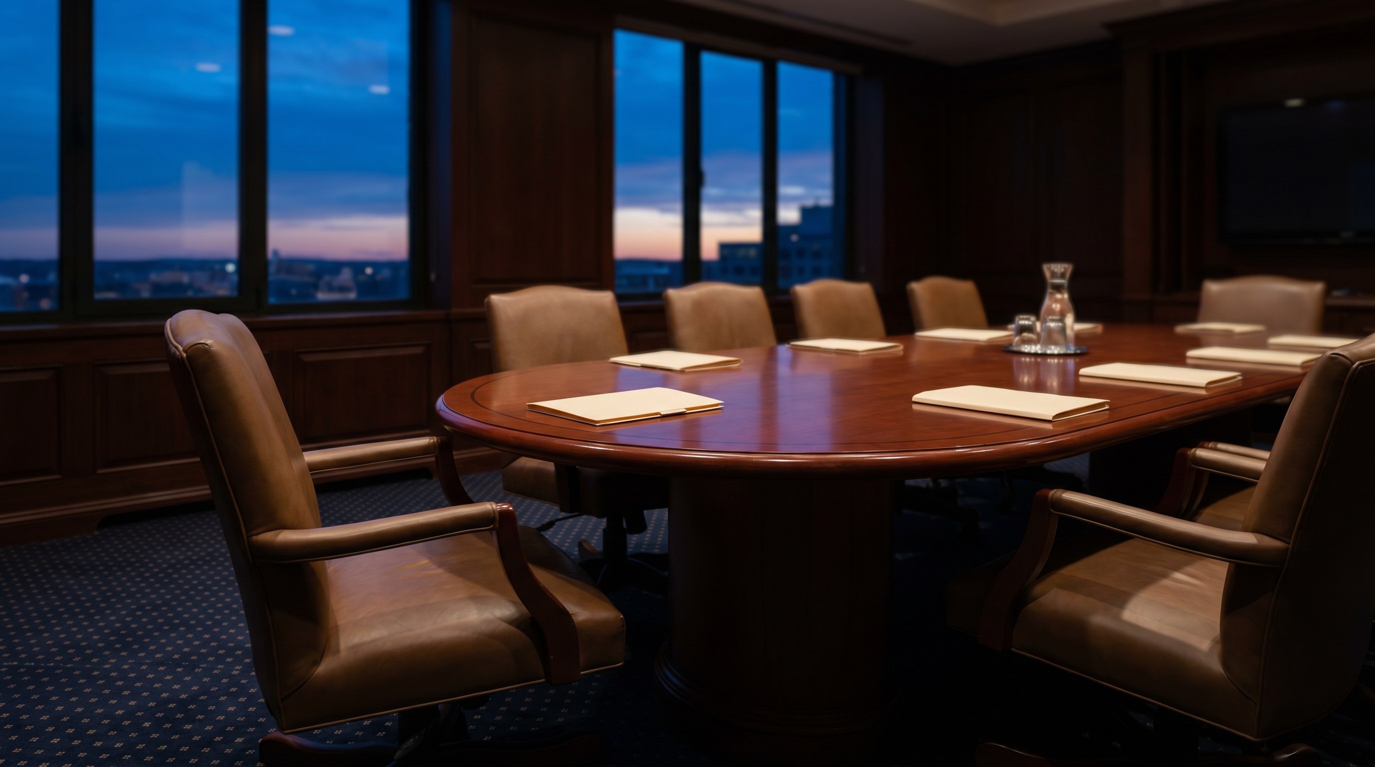 An empty boardroom at dusk — one chair pulled out, the agenda already concluded