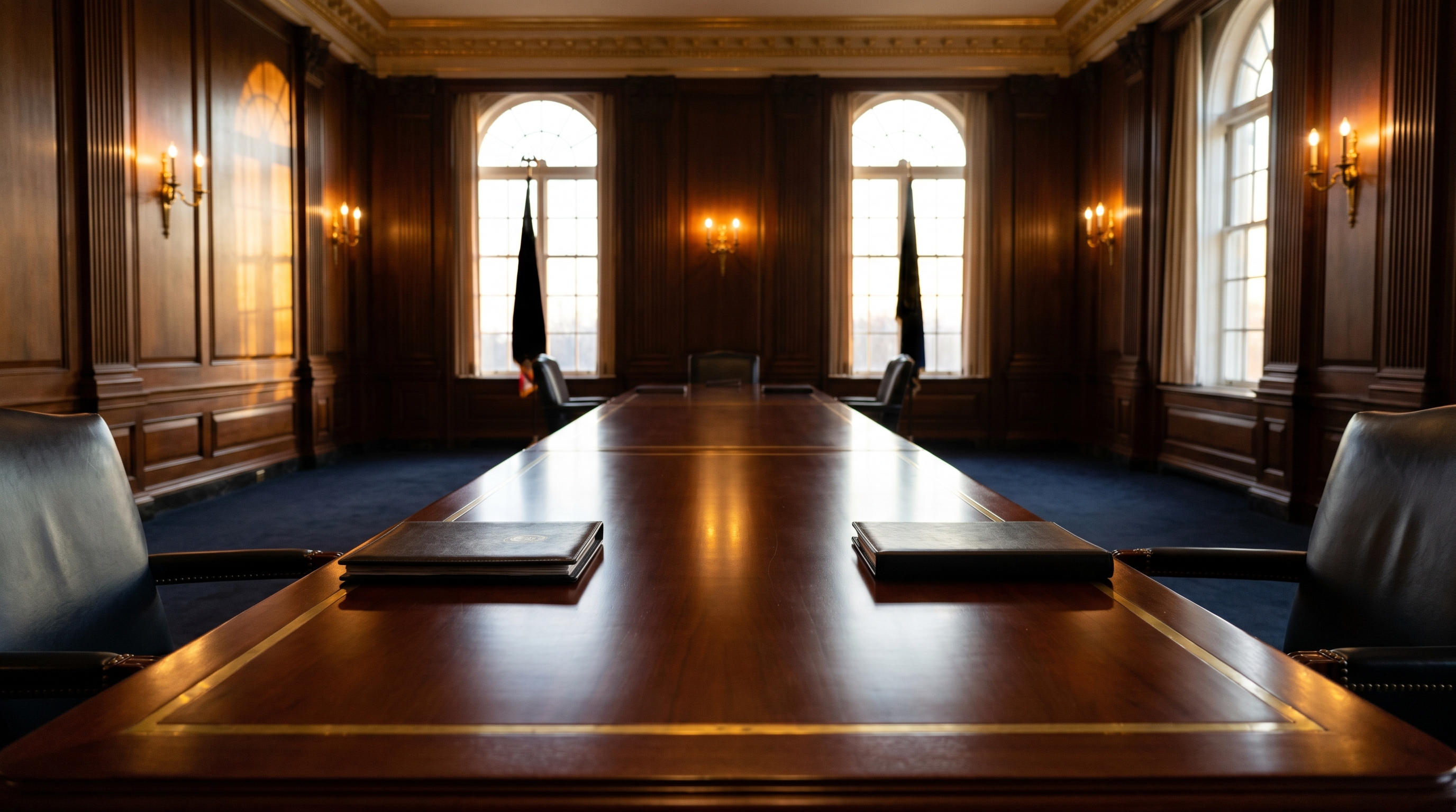 A formal government conference room in late afternoon — the deal that turned the Treasury into Intel's largest shareholder