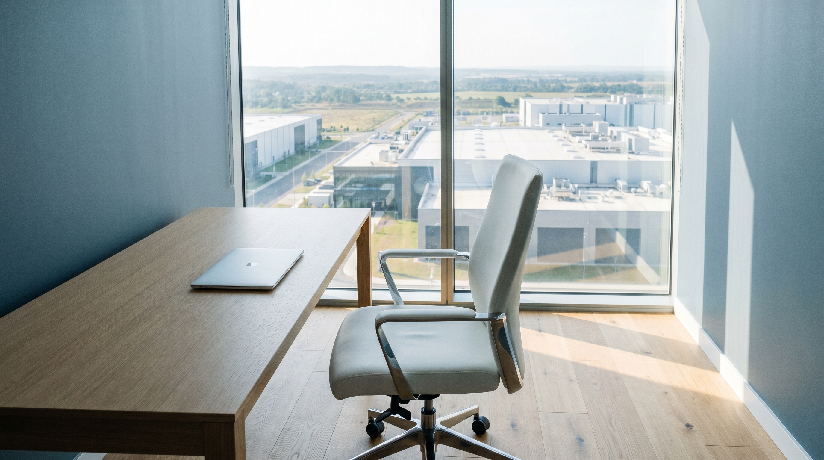 A sparse new executive office at morning — the chair is different, the strategy on the desk is the same