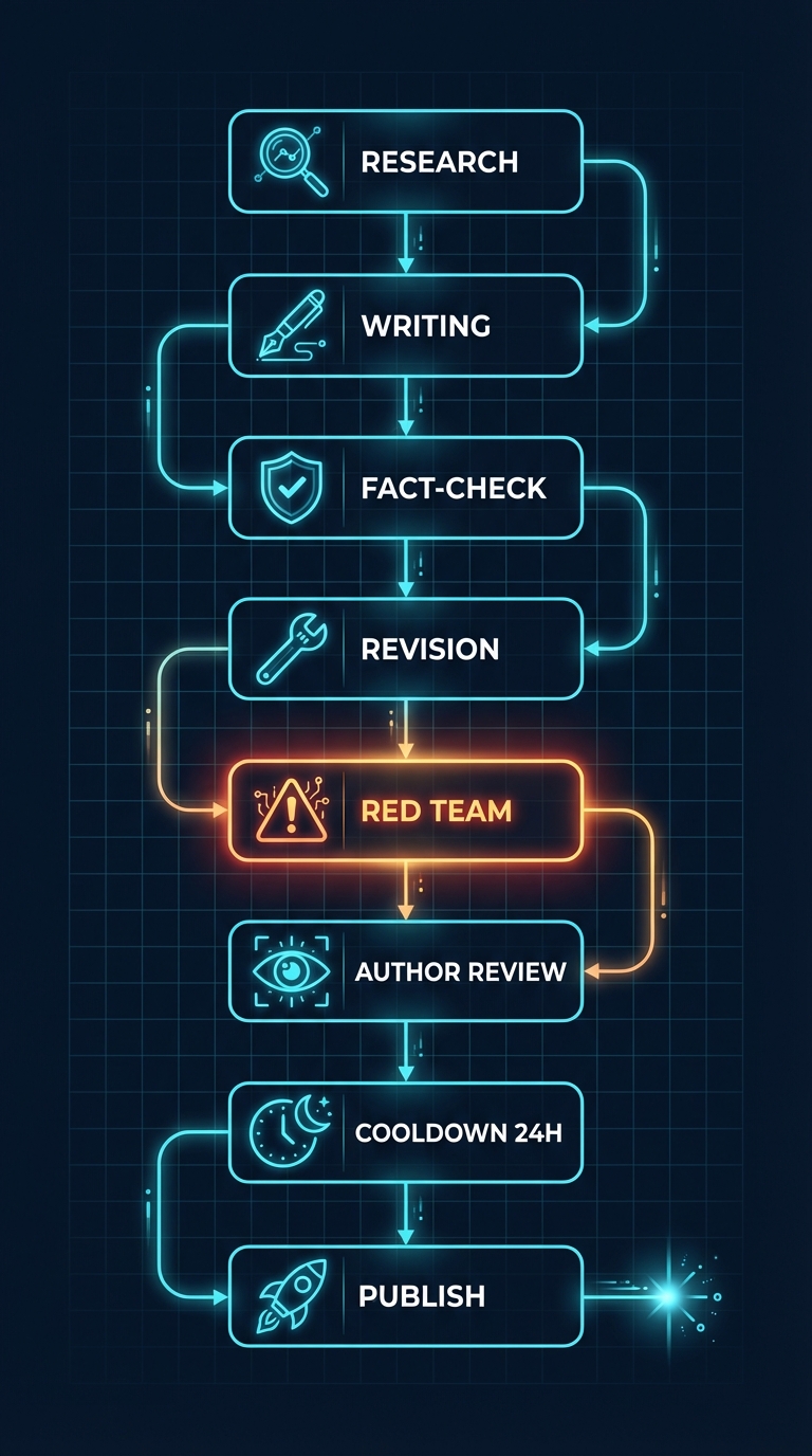 The orchestration engine's pipeline phases — from research through red team to final polish