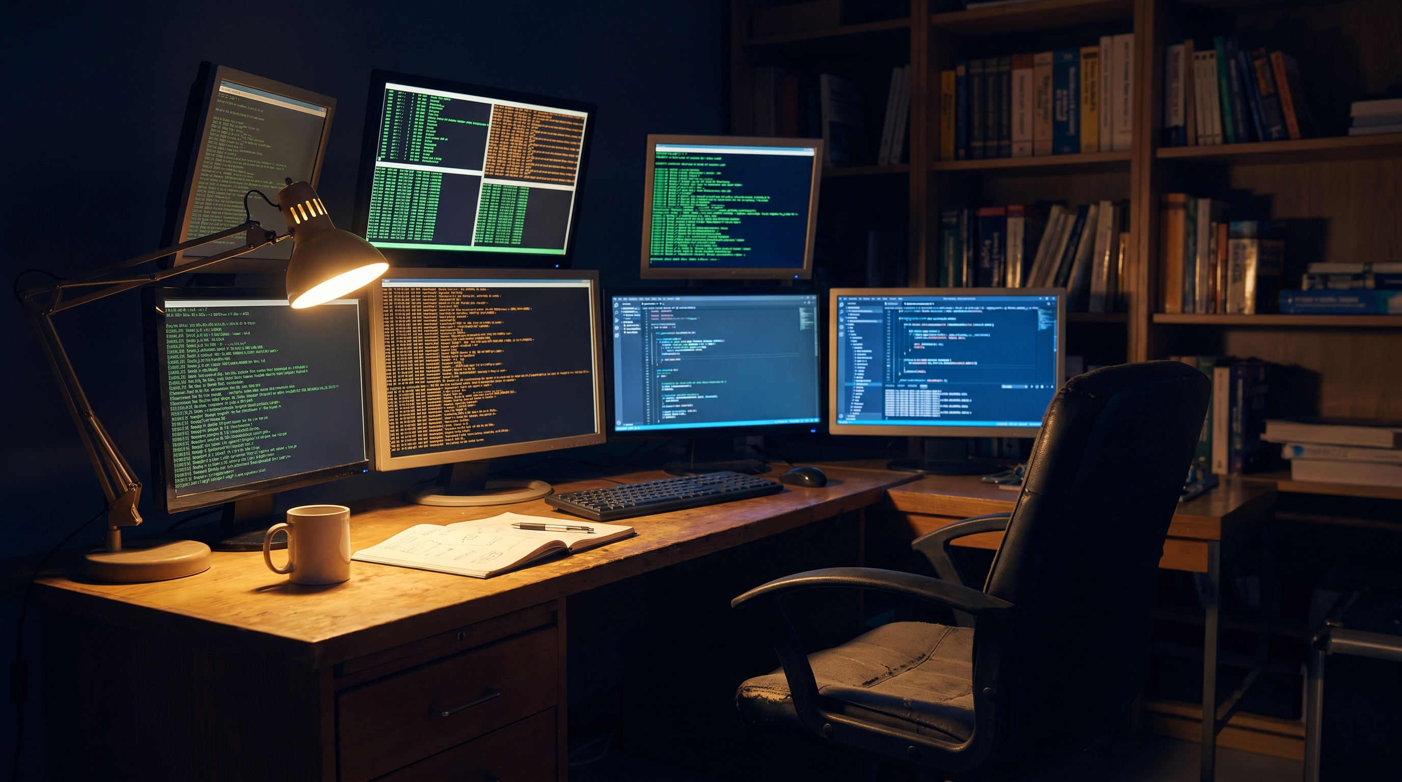 The workshop where the agents run — the empty chair, the glowing screens, the work continuing without me