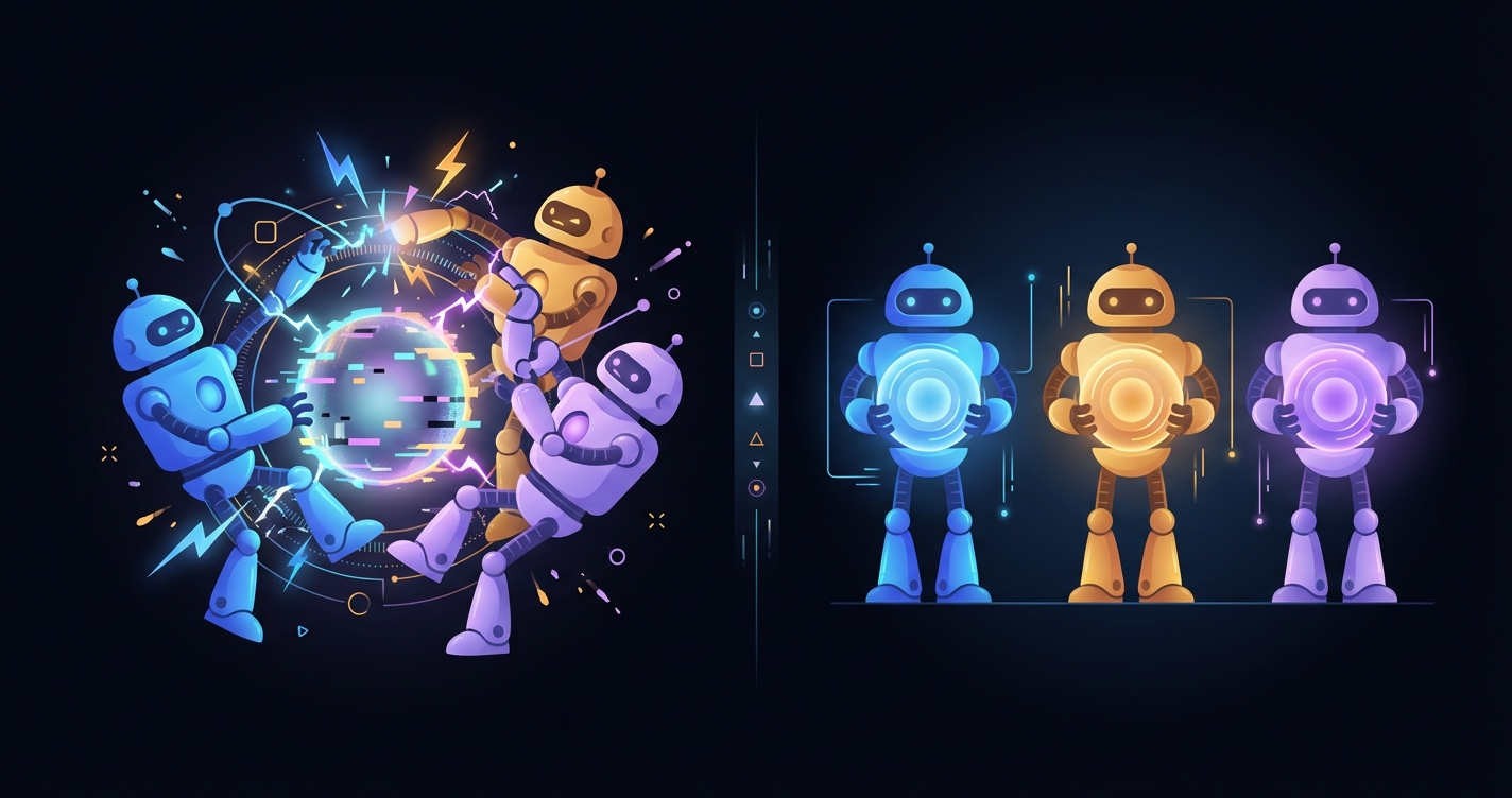Robots fighting over shared orb vs robots with individual orbs