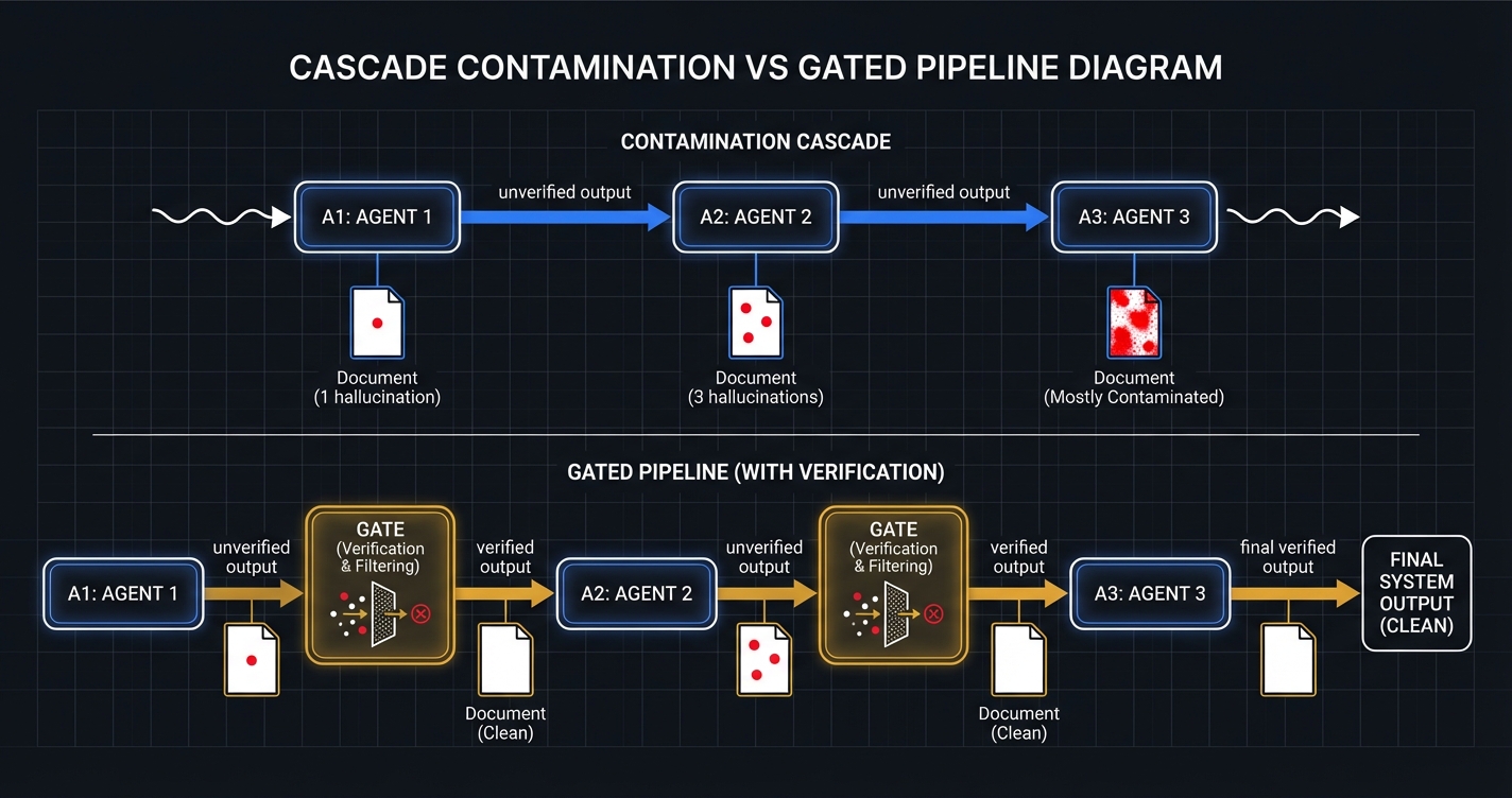 Cascade contamination: unverified output vs gated pipeline