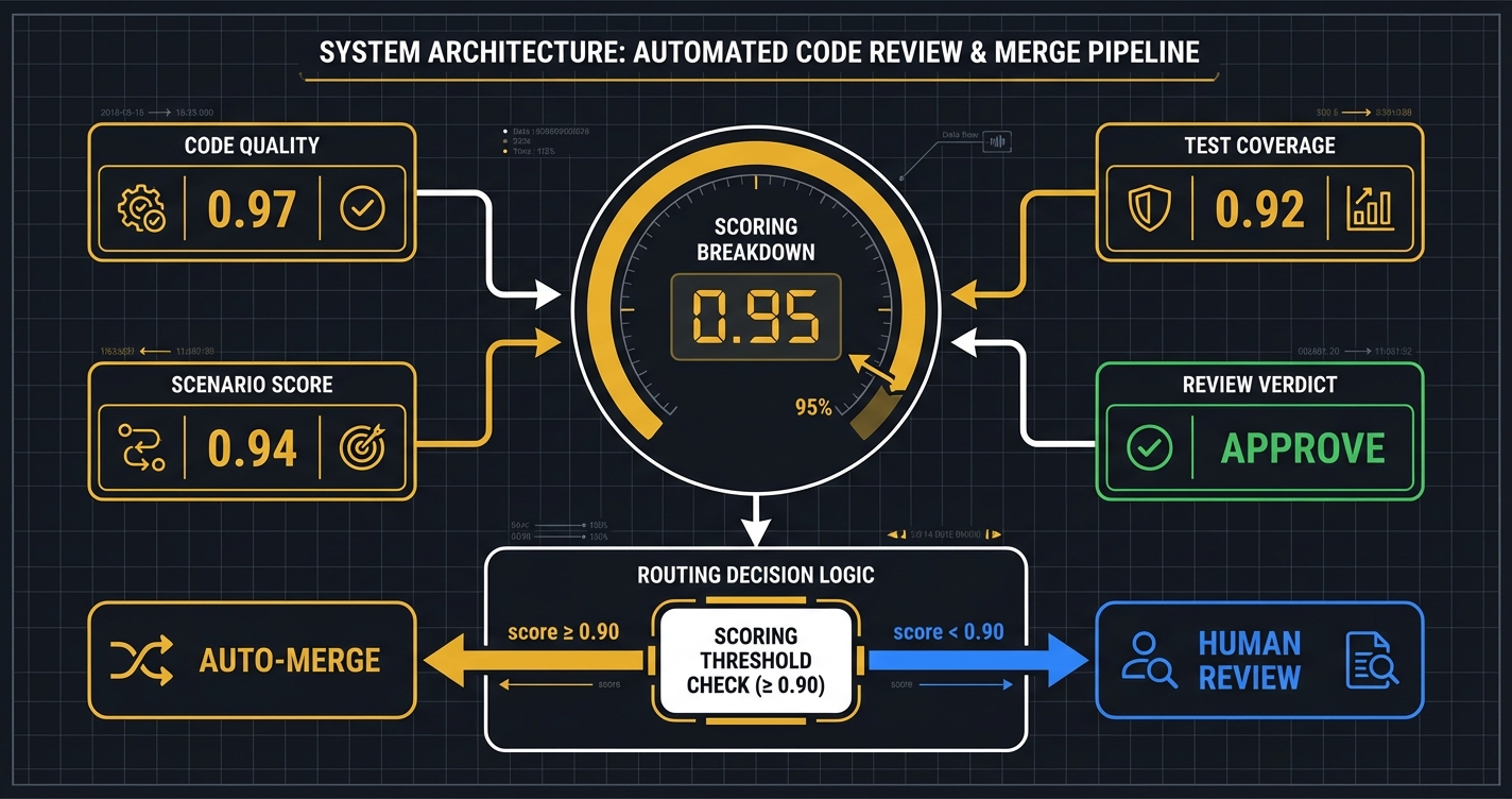 Scoring breakdown: confidence routing from metrics to auto-merge or human review
