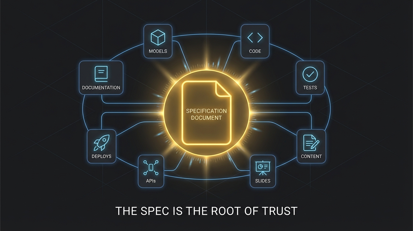 The spec is the root of trust — everything else orbits it