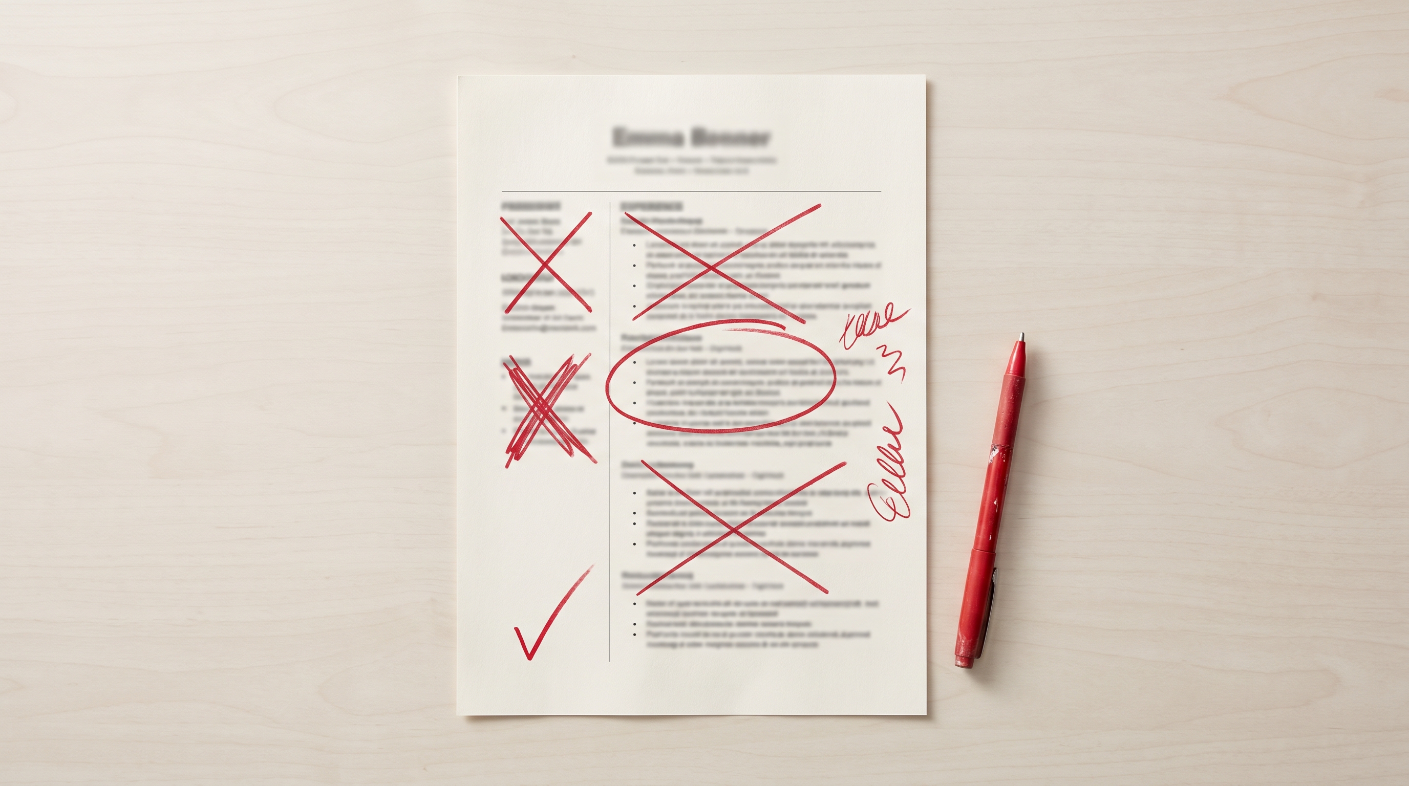 A résumé savaged in red pen — every line crossed out, circled, or waved away with one flat check mark. The machine read it. The machine had notes.