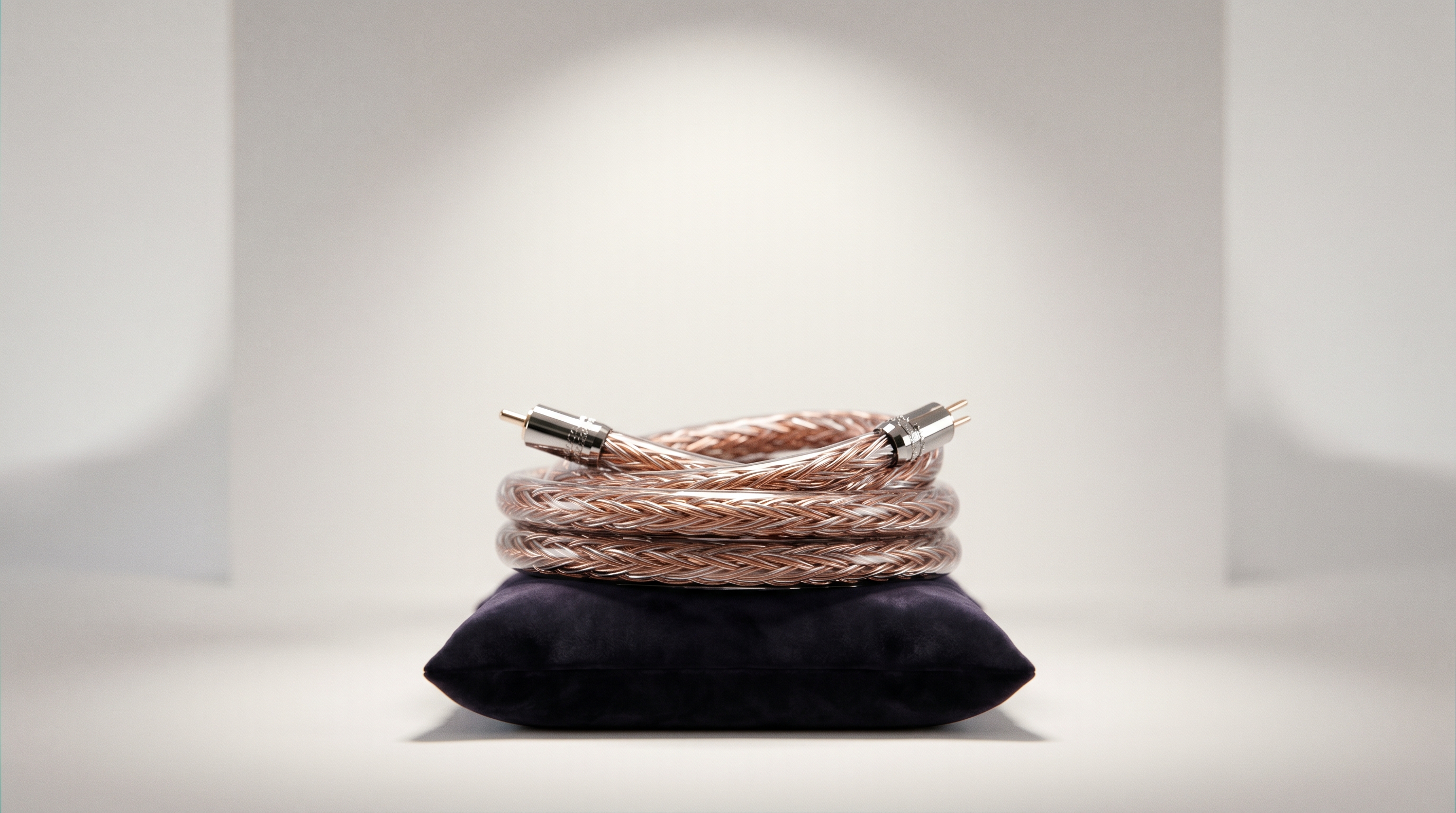 A single speaker cable, coiled on a velvet pillow under a museum spotlight, lit like a priceless artifact. It is a wire.