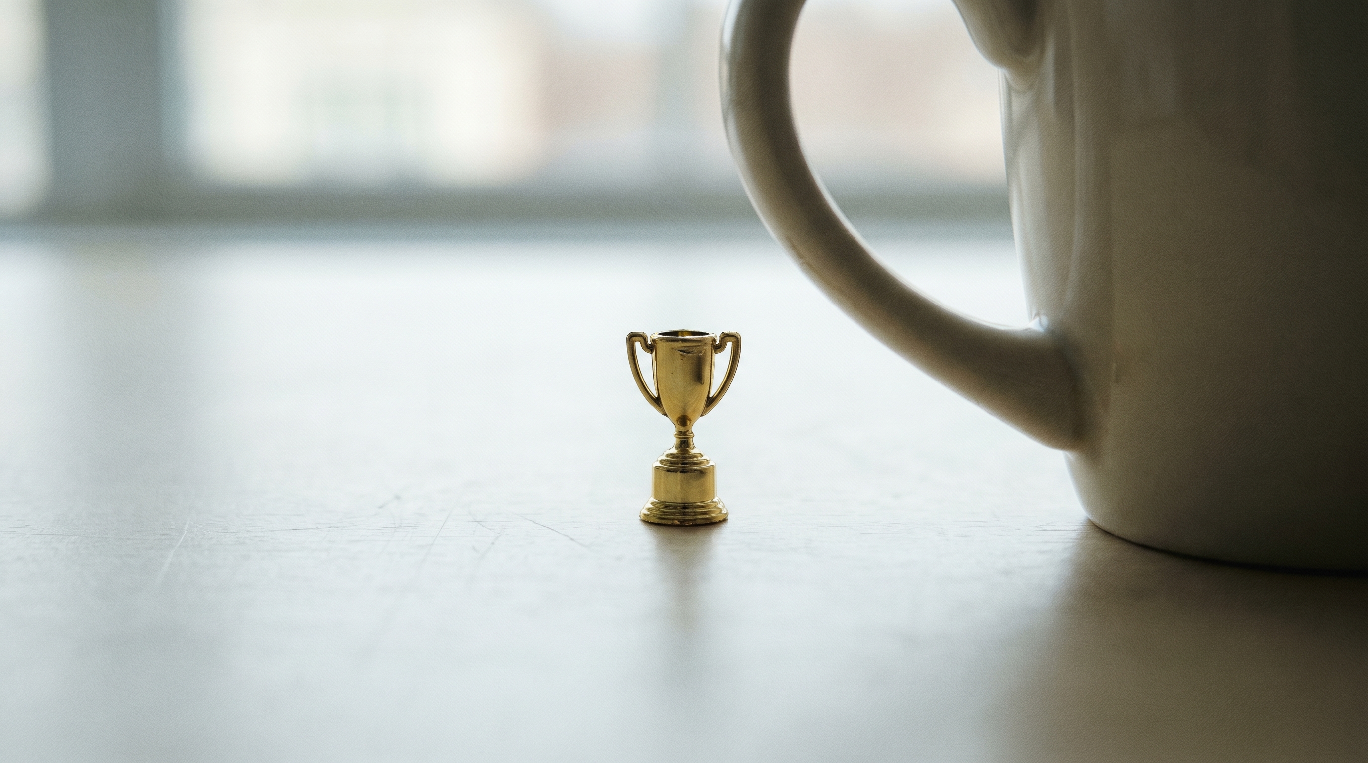 A gold trophy shrunk to the size of a thumbnail, alone on a desk, dwarfed by an ordinary coffee mug. The award for the work nobody sees.